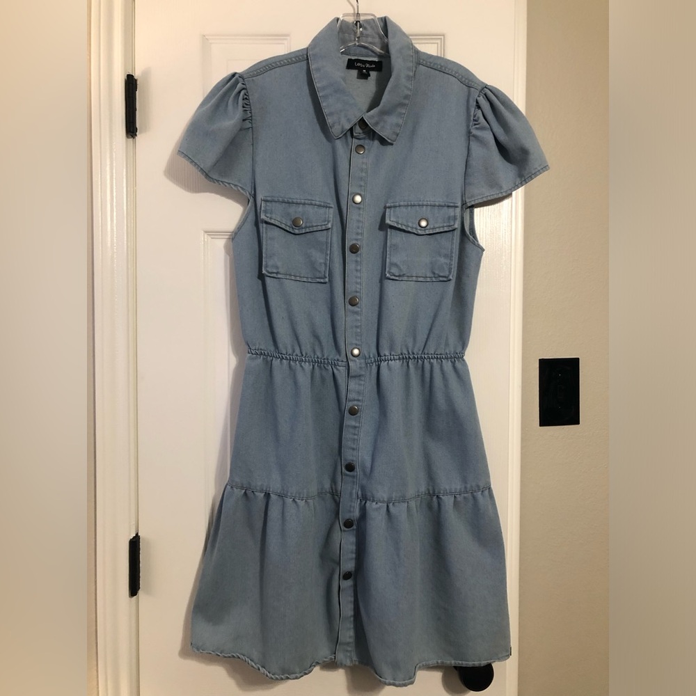 Lea & Viola Denim Button Front Dress | Puff Sleeve | Belted | Women’s Medium